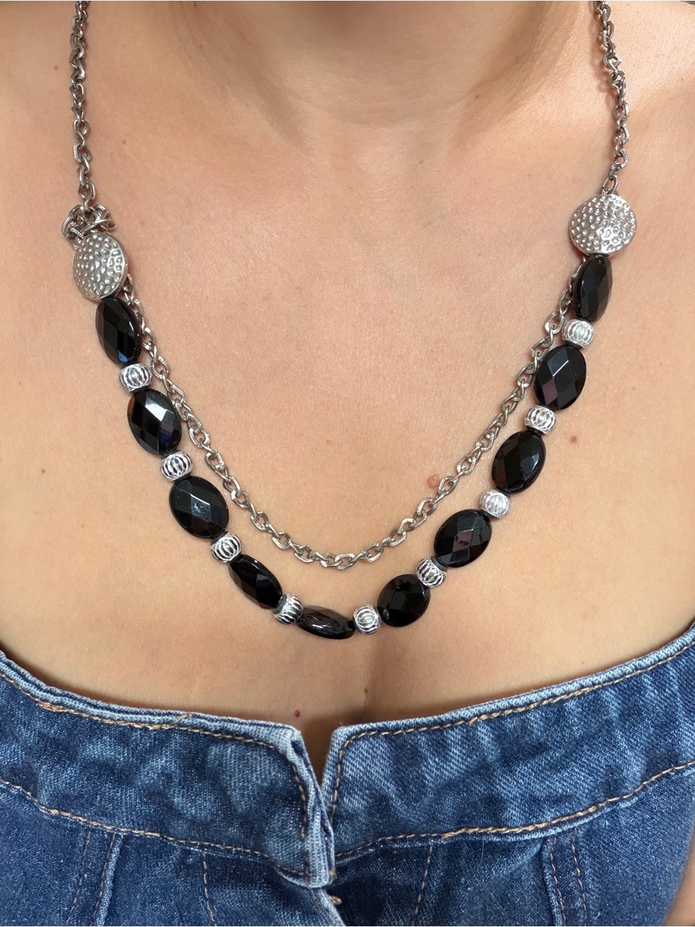 Adjustable Black Beaded Layered Chain Necklace Silver Tone Y2K Boho Statement